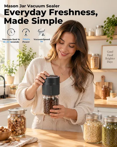 Vista 2 de Electric Mason Jar Vacuum Sealer Kit, 3-in-1 for Wide & Regular Mouth Jars Black