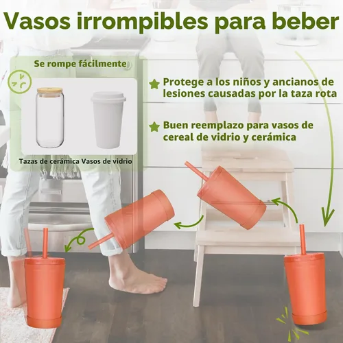 Vista 3 de Homestockplus Vasos reutilizables de paja de trigo con tapas y pajitas de silicona, 10 Oz resistentes a las astillas, tazas pequeñas de agua Varios