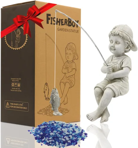 Vista 10 de Goodeco Estatua de jardín de Fishergirl – Pequeño pescador de 11 pulgadas para estanque Koi o cascadas, estatua junto a la piscina con guijarros que