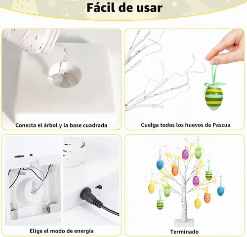 Vista 4 de Árbol de abedul iluminado de Pascua de 24 pulgadas con 12 adornos, LED blanco cálido, árbol artificial de mesa, 8 modos de iluminación USB