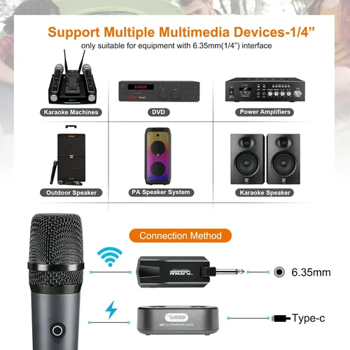 Vista 6 de Micrófono inalámbrico platino para entrada de micrófono UHF Metal Dinámico Micrófono multipropósito con base y receptor recargable Rango de 160 pies
