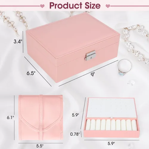 Vista 4 de Joyero organizador para mujeres y niñas, 2 capas de viaje con rollo de joyería plegable, juego de almacenamiento de joyas de cuero para anillos