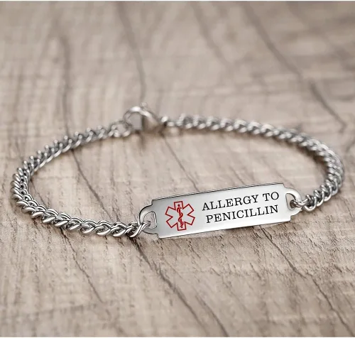 Vista 47 de Pulseras de identificación de alerta médica de 6.5 "-8.5" para mujeres, pulseras de emergencia médica de acero inoxidable, grabado gratuito