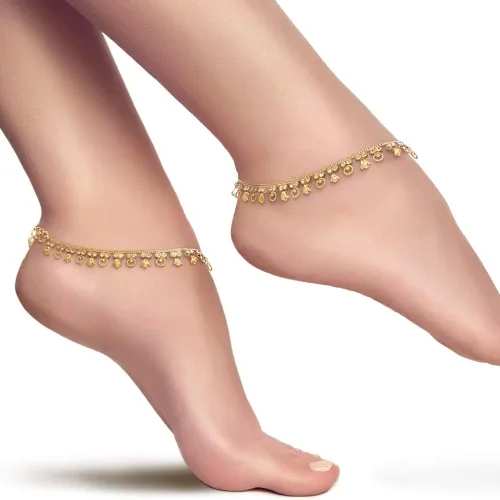 Vista 2 de Duel On Jewel Juego de tobilleras de campanas indias chapadas en tono dorado para mujer, para uso diario, fiesta, playa, Circonita cúbica