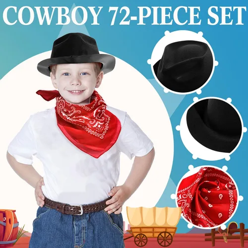 Vista 3 de Hillban 72 Piezas Juego de Sombrero de Vaquero del Oeste y Bandana de Paisley para Niños Sombreros de Fieltro de Vaquero para Favores de Fiesta