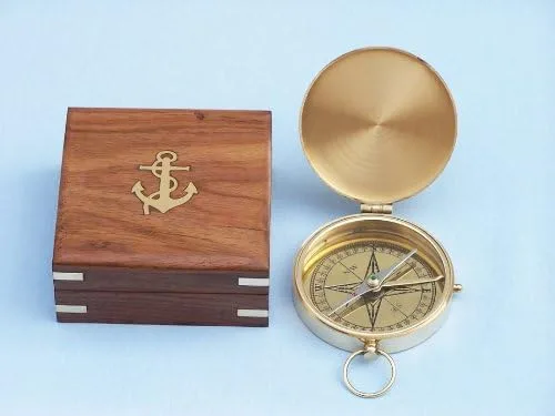 Vista 3 de Brújula Hampton Nautical de latón macizo, de caballeros, con caja de palisandro, de 4 pulgadas