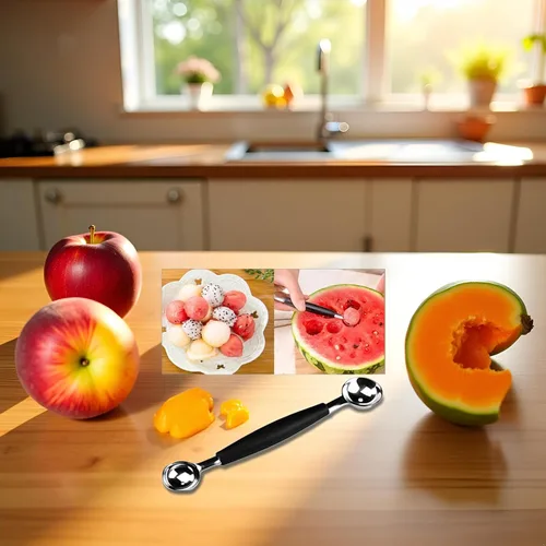 Vista 5 de Cuchara de melón de acero inoxidable 2 en 1, cuchara de melón de doble cara, helado de melón de sandía adecuado, cómodo agarre antideslizante