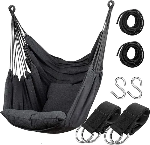 Vista 9 de Silla hamaca colgante de cuerda para interiores y exteriores, columpio de hamaca de tejido de algodón resistente, máximo 300 libras