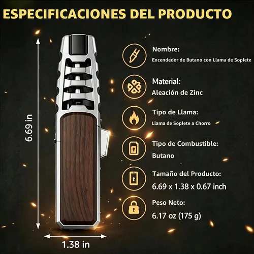 Vista 7 de Encendedor de antorcha de butano, soplete recto resistente al viento, encendedor de llama azul, encendedor de turbina, encendedor de cocina Negro