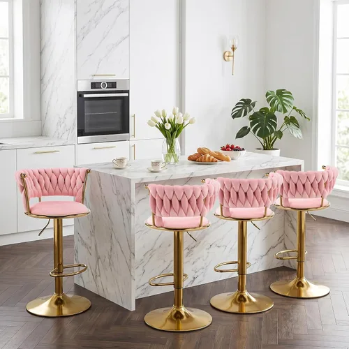 Vista 7 de Velvet Bar Stools Set of 1, Swivel Counter Height Barstools with Woven Backrest, Adjustable Height Bar Stools for Kitchen Island, Home Bar, Pub