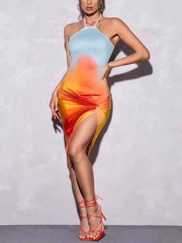 Vista 4 de SHENHE Vestido midi asimétrico sin espalda para mujer, con abertura alta, con nudo y espalda descubierta