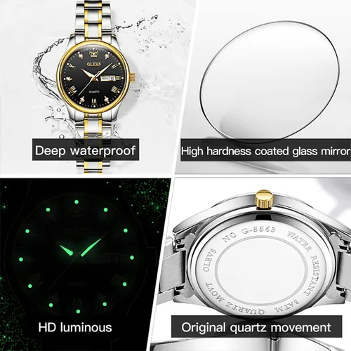 Vista 6 de OLEVS Reloj de pulsera analógico de cuarzo analógico de acero inoxidable para mujer de moda color dorado y plateado
