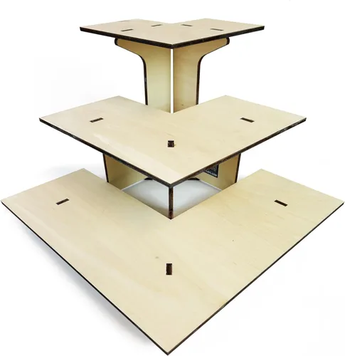 Vista 10 de Mesa expositora de esquina de ébano quemado de 3 niveles con estantes para productos - portátil