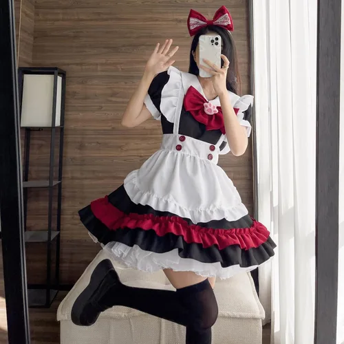 Vista 6 de Disfraz de sirvienta de talla grande disfraz gótico de Lolita negro y rojo disfraz de cosplay de anime para gatos y niñas Lolita lindo XXS