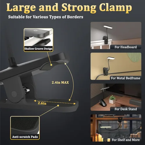Vista 2 de Lámpara de escritorio LED recargable, luz de lectura con clip para cabecero