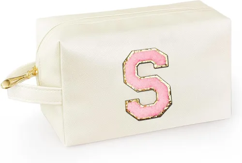 Vista 12 de Bolsa de maquillaje personalizada con inicial con asa, bolsa de cosméticos de preparación con bolsillo interior con cremallera, 8, 9, 10, 11, 12 Rosa