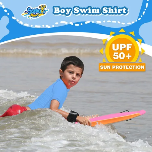 Vista 3 de Camiseta de natación de manga corta para niños y jóvenes, camiseta de natación de secado rápido UPF+ 50, azul (Ethereal Blue)