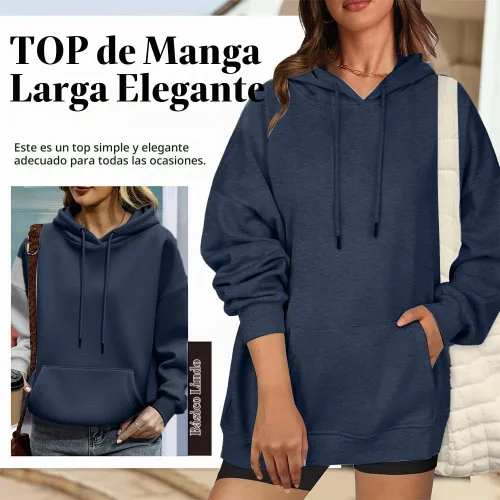 Vista 5 de Sudadera con capucha de algodón para hombre y mujer, sudadera casual de manga larga con cordón Azul marino