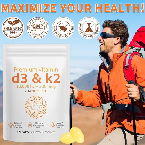 Vista 7 de Daiasns Vitamina D3 K2 10000iu apoya la salud muscular y cerebral - Suplemento D3 K2 de alta potencia que ayuda en el apoyo inmunológico