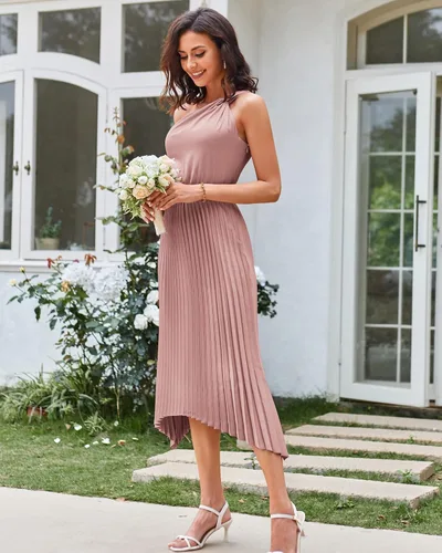 Vista 6 de GRACE KARIN Vestido de satén de verano 2023 con un hombro descubierto para mujer, sin mangas, plisado, vestido midi sexy de cóctel