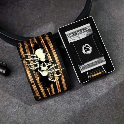 Vista 5 de Carteras de metal de aluminio minimalistas personalizadas para hombres clip de dinero grabado personalizado para marido novio papá hijo tarjetero