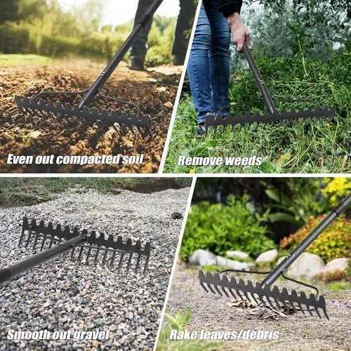 Vista 7 de Rastrillo de jardín, rastrillo de arco de 6 pies, rastrillo de nivelación resistente con mango ajustable, rastrillo de paja de metal de cabeza ancha