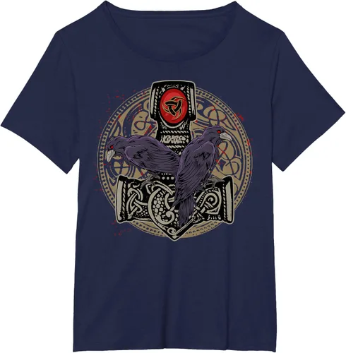 Vista 18 de Thors Hammer Mjolnir Huginn and Muninn Odin Raven - Camiseta, Negro, S