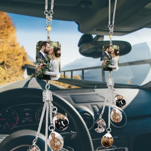 Vista 11 de WERWAES Los accesorios personalizados personalizados del espejo retrovisor del coche personalizan el colgante colgante de cristal de la foto