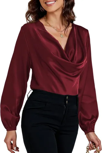 Vista 4 de LYANER Blusa de satén sedoso con cuello drapeado frontal de manga larga para mujer