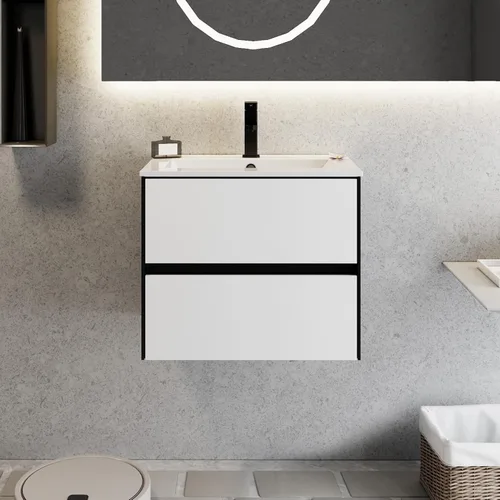 Vista 3 de eclife Armario de tocador de baño de 24 pulgadas con fregadero blanco empotrado, armario de baño flotante montado en la pared con colores mezclados