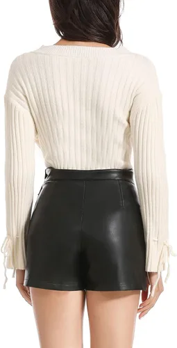 Vista 6 de Everbellus - Pantalones cortos de piel sintética de cintura alta para mujer