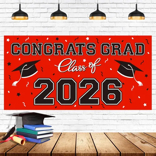 Vista 8 de Telón de fondo de plástico para fiesta de graduación 2026 - 65" x 32.7" Pancarta Congrats Grad en negro, decoraciones grandes de la clase de 2026