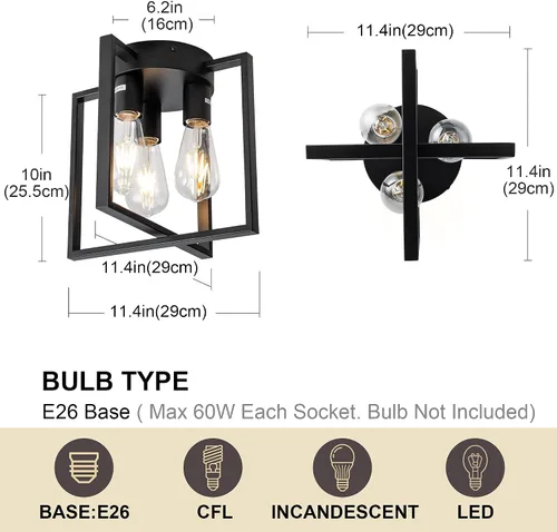 Vista 3 de Lámpara de techo negra de 3 luces, accesorios de iluminación industriales de cocina estilo granja para pasillo, recámara, baño, entrada