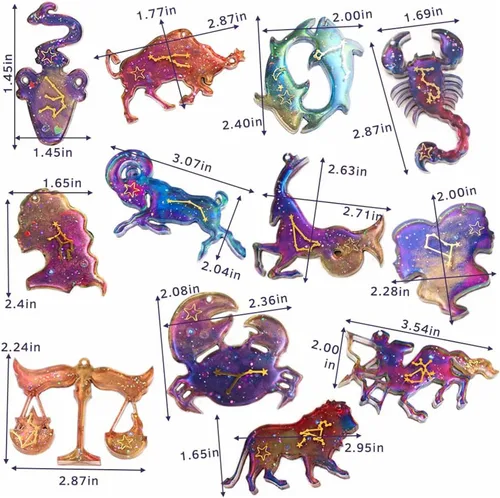 Vista 3 de Moldes de resina para llavero de silicona, 12 moldes de silicona con constelación del zodiaco con agujero para resina epoxi, llavero, colgantes