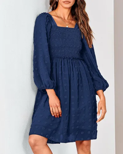 Vista 8 de BTFBM Vestidos fruncidos con cuello cuadrado para mujer, verano, otoño, manga larga, floral, lunares suizos, volantes, mini vestido bohemio