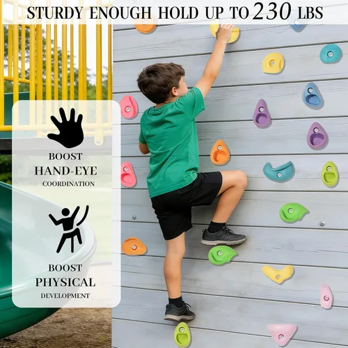 Vista 4 de Juego de 20 soportes de escalada en roca para niños, agarres de pared para escalada en roca, juego de pared para interiores y exteriores, juego