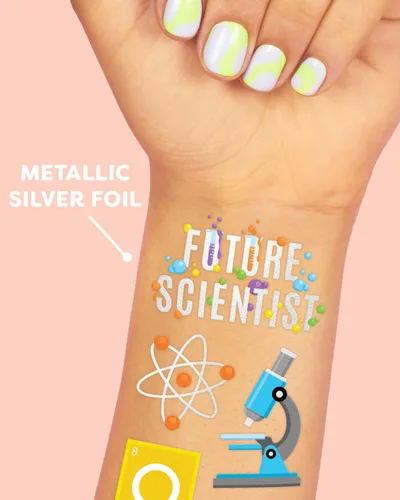 Vista 4 de xo, Fetti Science Party Tatuajes temporales – 62 estilos de lámina metálica plateada Suministros de fiesta de cumpleaños de científicos locos