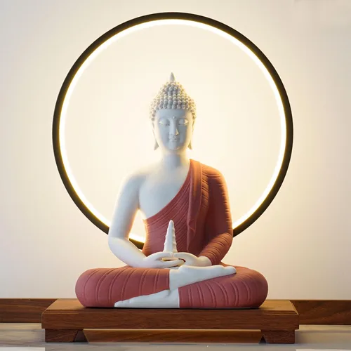 Vista 5 de QINLANG Estatua de Buda roja de 12 pulgadas y lámpara de mesa circular LED de 15.74 pulgadas, estatuas de Buda de interior para decoración del hogar