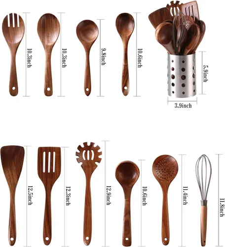 Vista 2 de Juego de 11 utensilios de cocina de madera, cucharas de madera de teca para cocinar, agarre cómodo, resistente, espátulas de madera antiadherentes