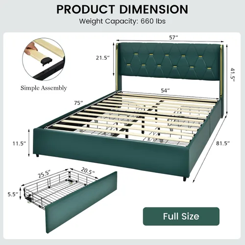 Vista 2 de KOTEK Base de cama tapizada de tamaño matrimonial con 4 cajones, base de cama de plataforma con cabecera copetuda con botones y soporte de listones