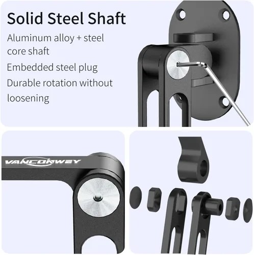 Vista 7 de soporte de pared para iPad, giratorio y basculante, soporte de pared para tableta de aluminio, base de rotación 360°, ajustable y plegable