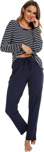 Vista 4 de Pijamas de algodón para mujer, ropa de dormir de manga larga con pantalones, suave y cómoda a rayas, conjunto de pijama para mujer