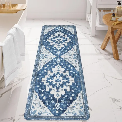 Vista 31 de Uphome Alfombra de baño vintage, azul, bohemio, antideslizante, oriental, suave, lavable a máquina, lindas alfombras de baño tribales florales
