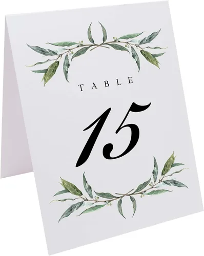Vista 2 de Corona de laurel y números de mesa de boda, 1-10, doble cara, tienda de campaña o uso en un soporte, ideal para fiestas y restaurantes, fabricado