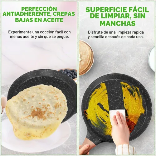 Vista 6 de NutriChef - Sartén para crepes de 24 cm (9.45 pulgadas) antiadherente con esparcidora de madera, sartén Dosa de mármol recubierto duradero, mango