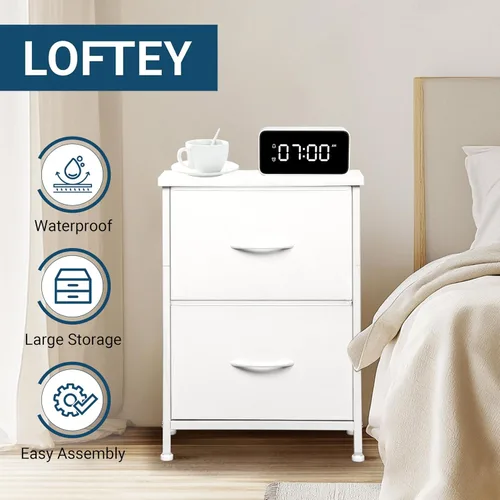Vista 3 de LOFTEY Mesita de noche blanca, mesita de noche con 2 cajones de tela, mesita de noche para niños pequeños para dormitorio, mesa auxiliar de cama