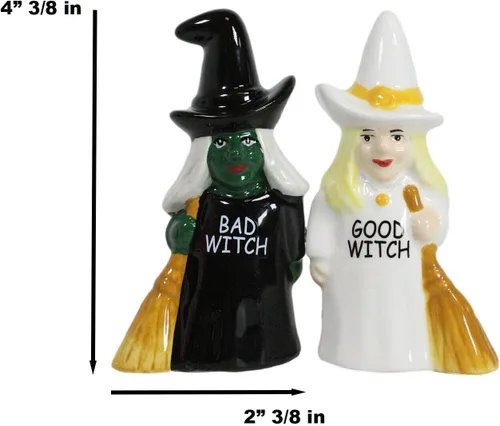 Vista 3 de Ebros Gift Fuerzas del bien y del mal Elphaba VS Glinda Brujas que llevan escobas con salero y pimentero, juego de figuras de cerámica con tapones