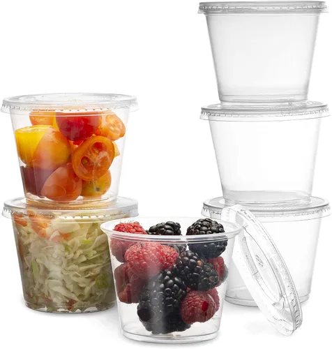 Vista 11 de Vasos de porción desechables de plástico transparente de 1 oz (100 juegos) - Vasos para condimentos, salsa, aderezo, gelatina con tapas Mini jello