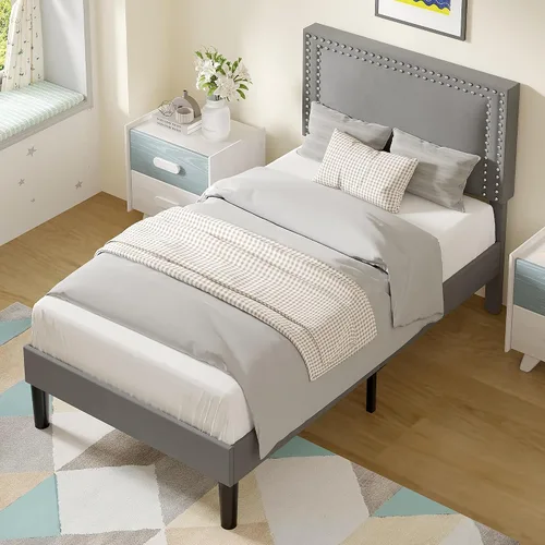 Vista 105 de VECELO Base de cama de plataforma de tamaño individual con cabecera tapizada de altura ajustable, base de colchón moderna, soporte de listones