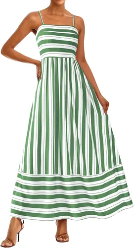 Vista 11 de PRETTYGARDEN Vestido largo de verano para mujer, con tirantes delgados, bohemio, floral, a rayas, para invitadas de boda, playa, vacaciones, vestido